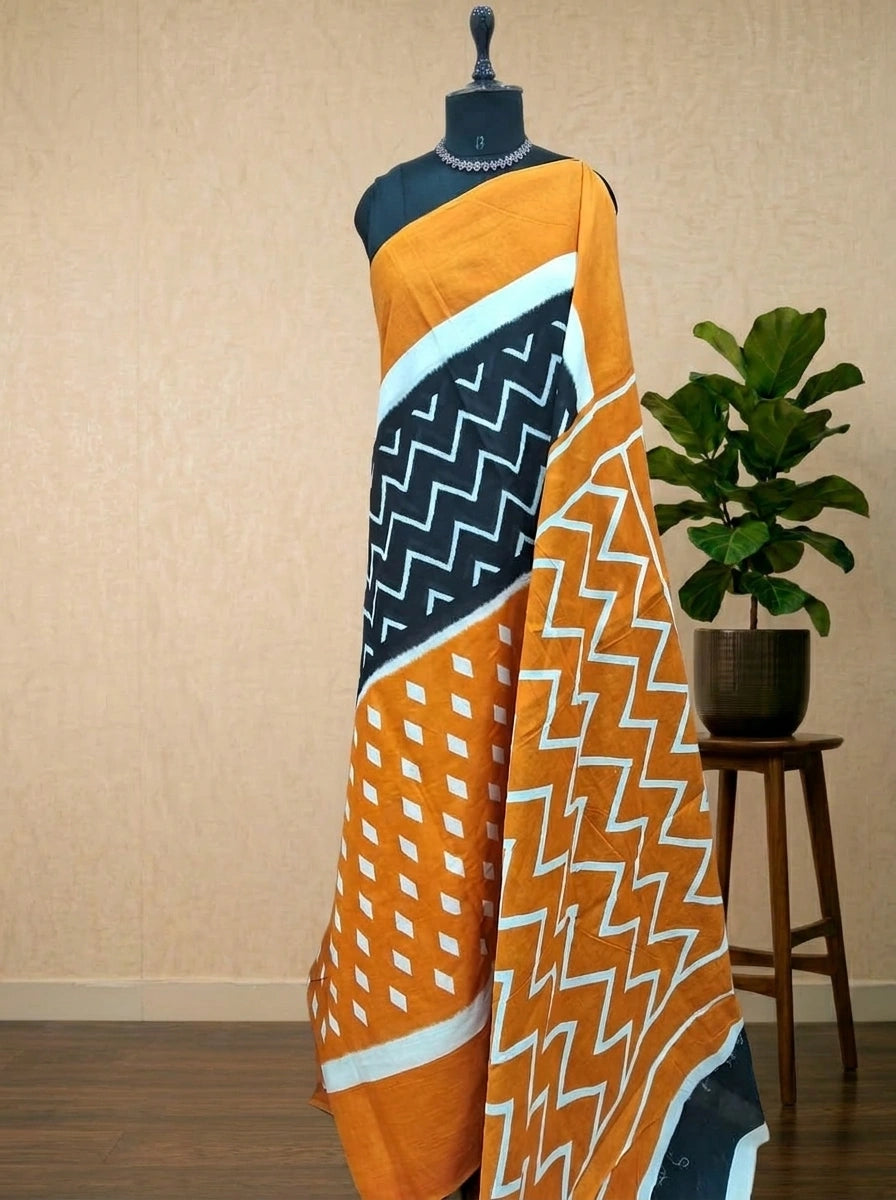 Mustard Orange Mulmul Cotton Saree