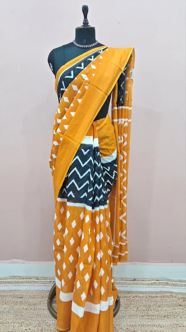 Mustard Orange Mulmul Cotton Saree