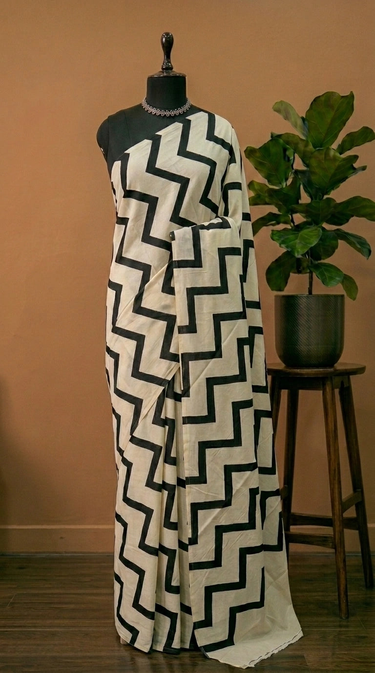 Cream Mulmul Cotton Saree