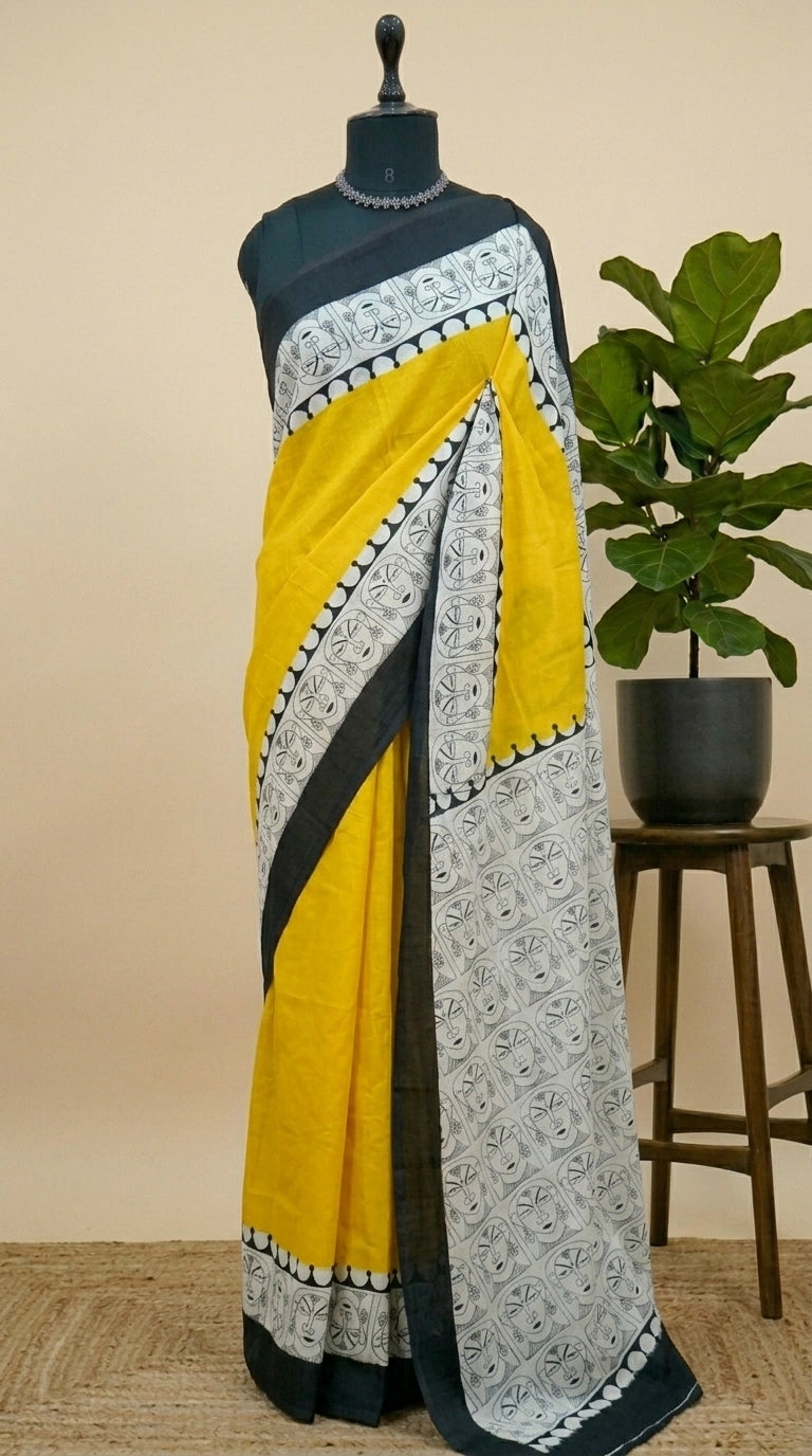 Mango Yellow plain Mulmul Cotton Saree 