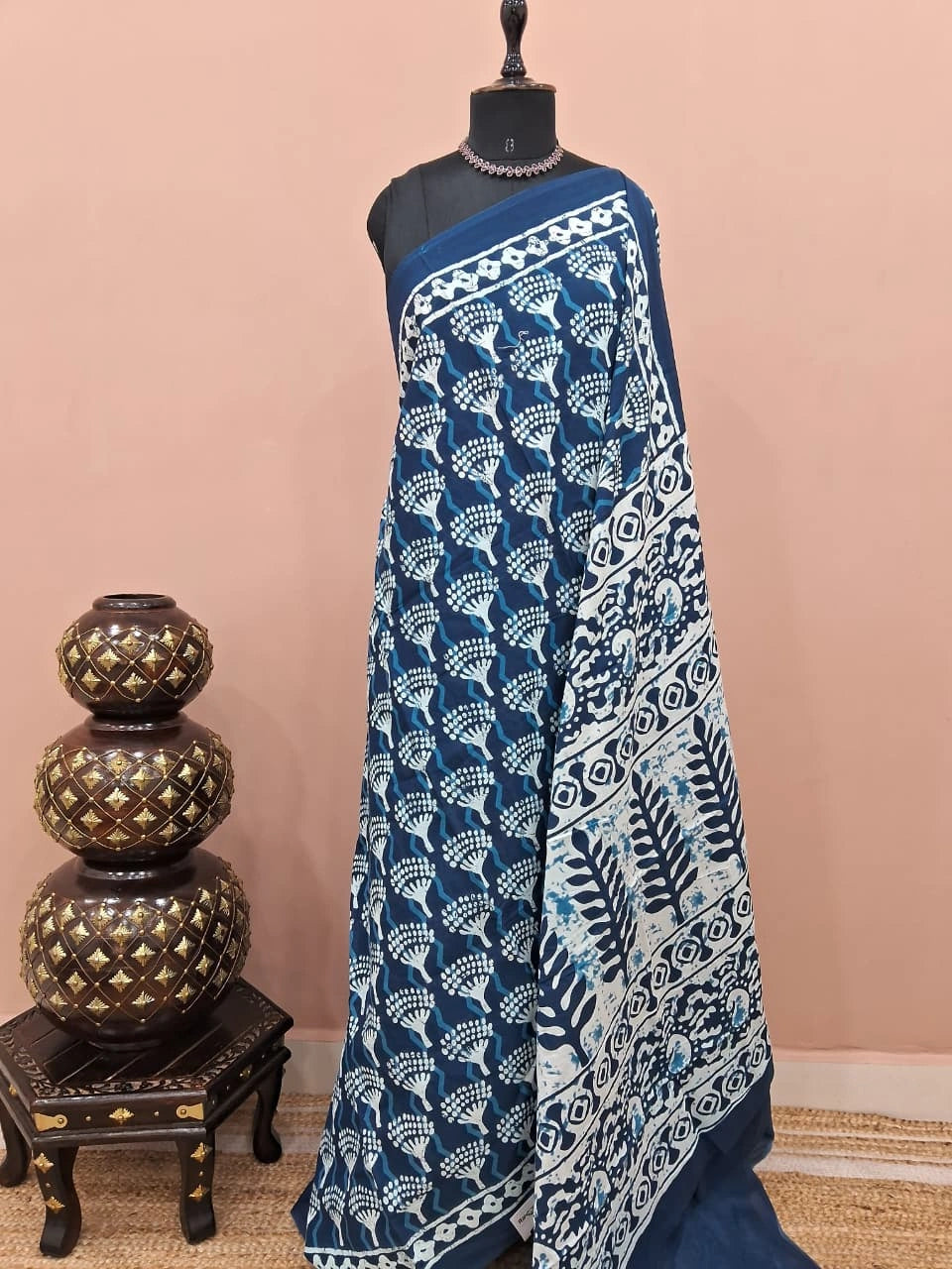 Navy Blue Mulmul Cotton Saree