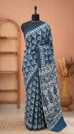 Navy Blue Mulmul Cotton Saree
