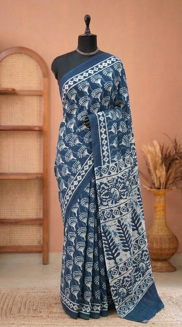 Navy Blue Mulmul Cotton Saree