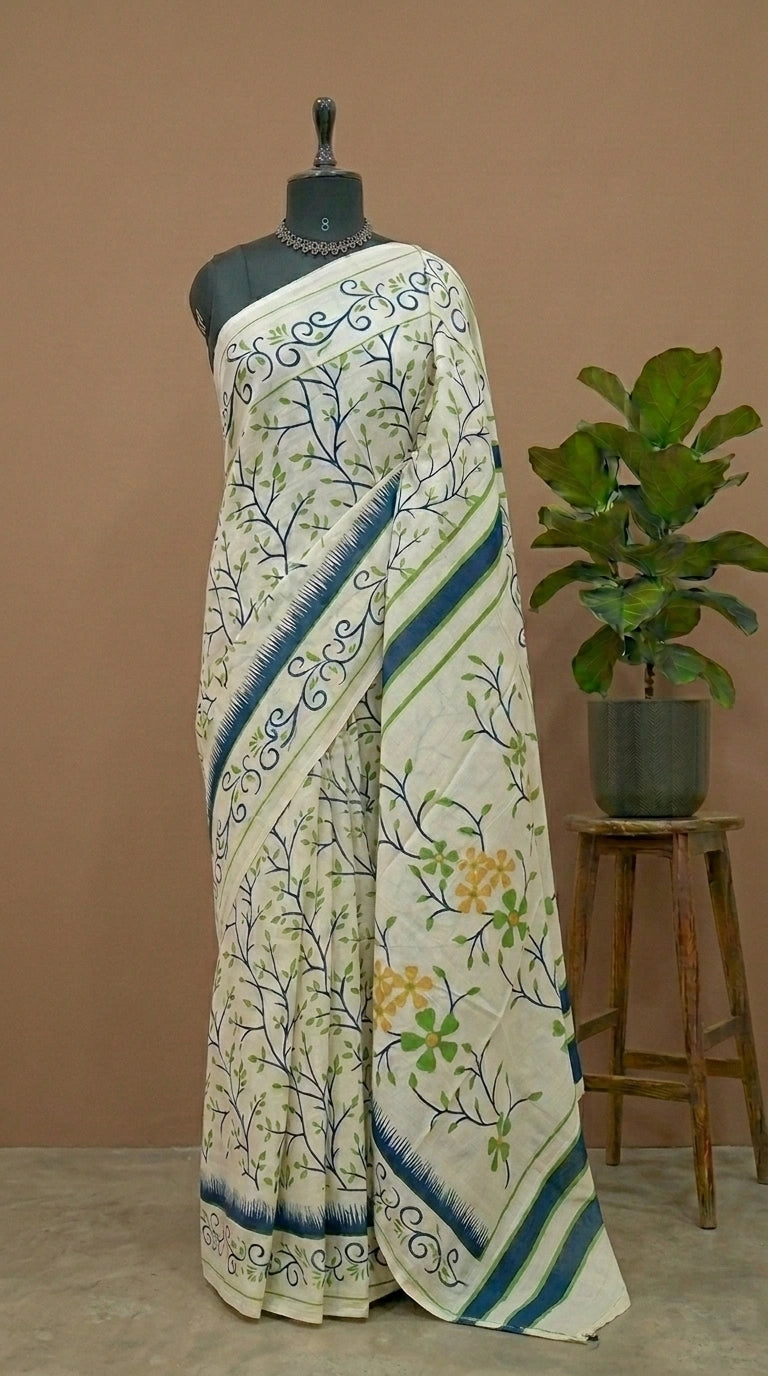 Cream Mulmul Cotton Saree