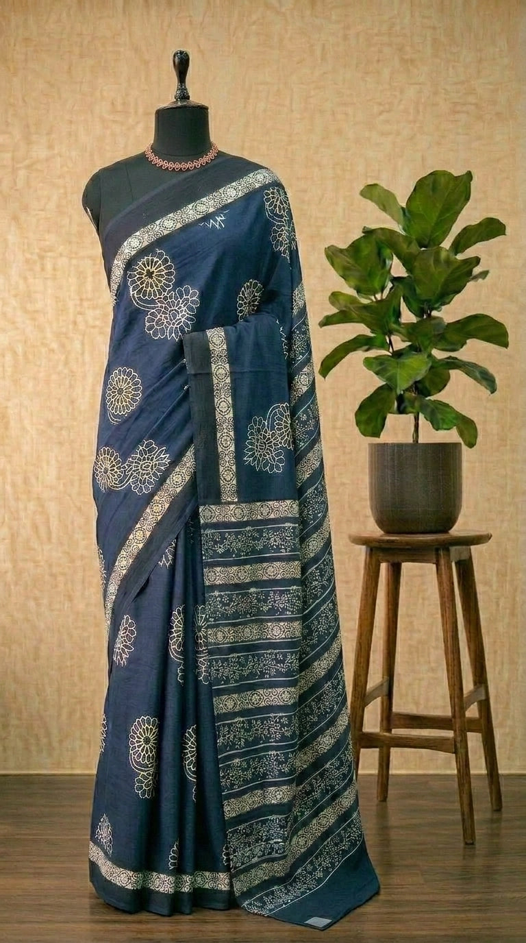 Deep Blue Mulmul Cotton Saree