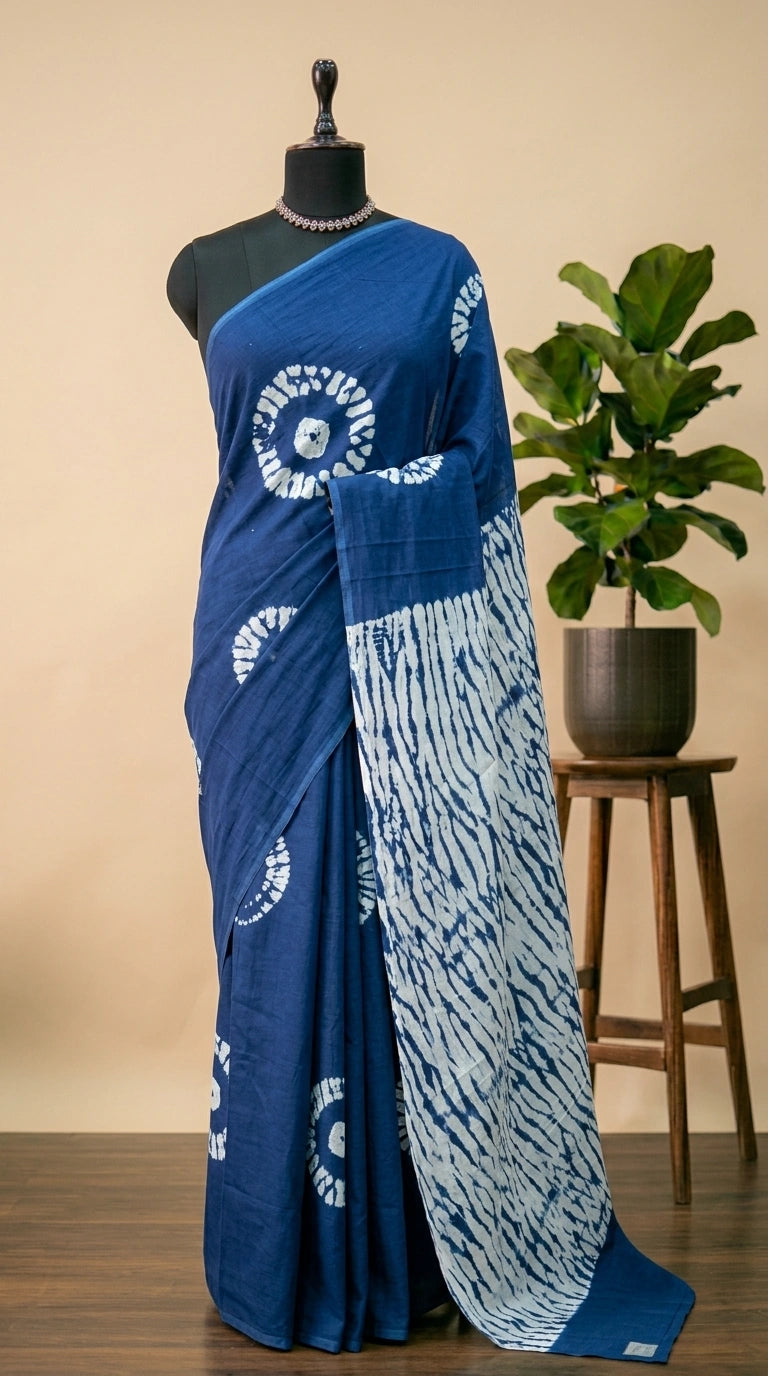 Navy Blue Mulmul Cotton Saree 