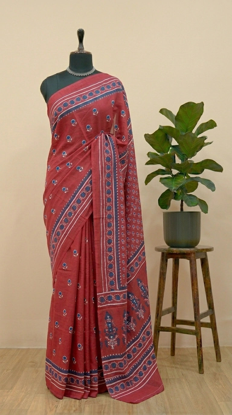 Brick Red Mulmul Cotton Saree 