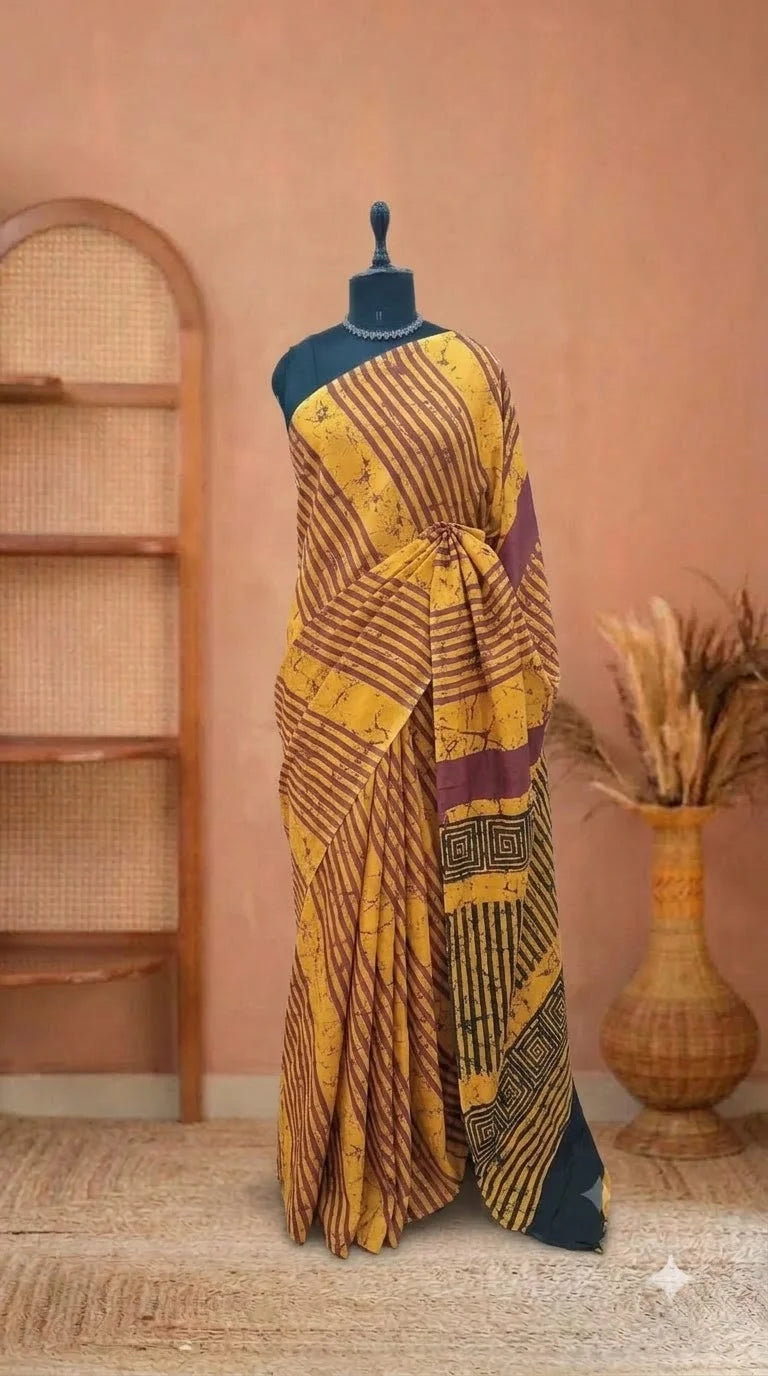 Mustard Yellow Mulmul Cotton Saree