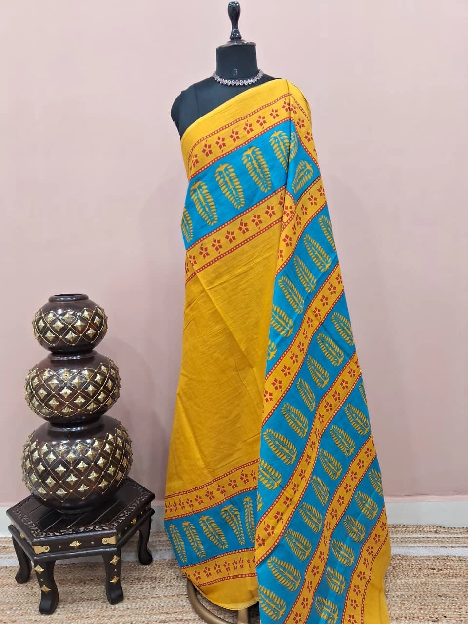 Yellow plain Mulmul Cotton Saree