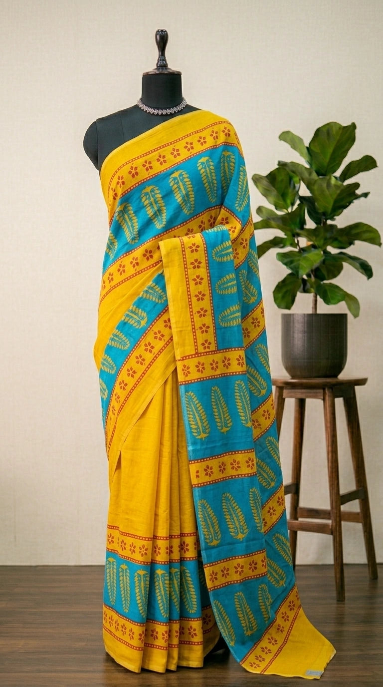 Yellow plain Mulmul Cotton Saree