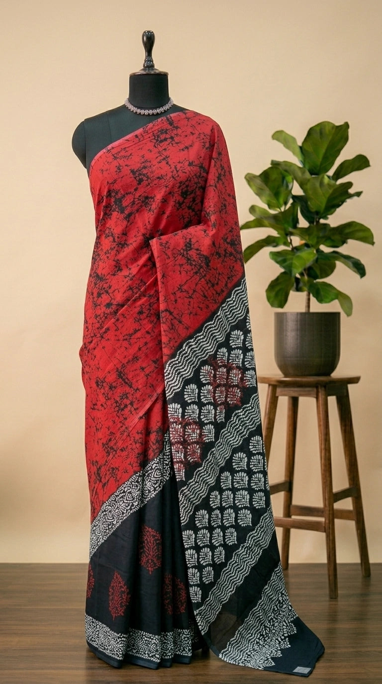 Rust Red Mulmul Cotton Saree