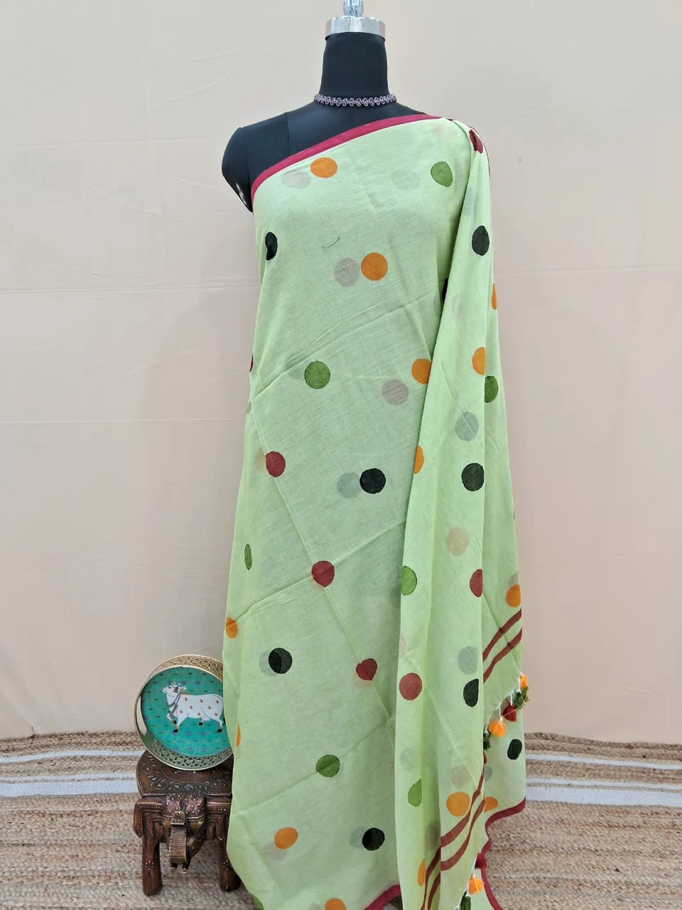 Pista green mulmul cotton saree