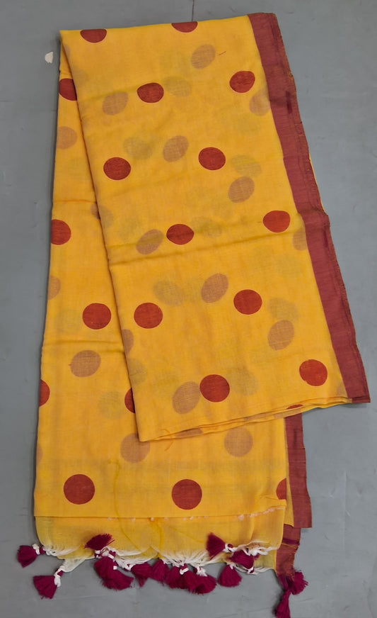 Mango Yellow Mulmul Cotton Saree 