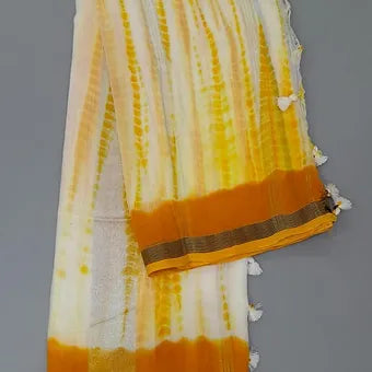 White and mustard yellow tie-dye mulmul cotton saree