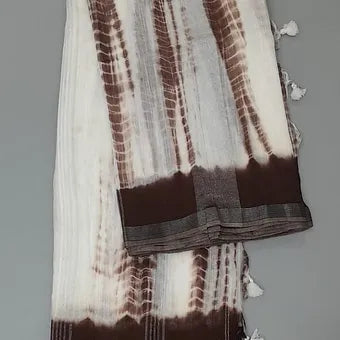 White and brown tie-dye mulmul cotton saree