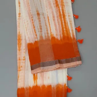 White and orange tie-dye mulmul cotton saree