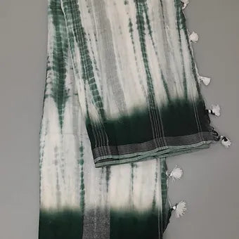 White and green tie-dye mulmul cotton saree