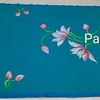 Bluish green mulmul cotton saree  pallu