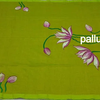 Green mulmul cotton saree pallu