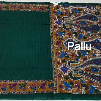 Leaf green mulmul cotton saree  pallu