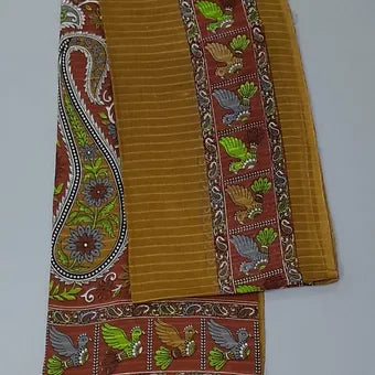 Goldish yellow mulmul cotton saree