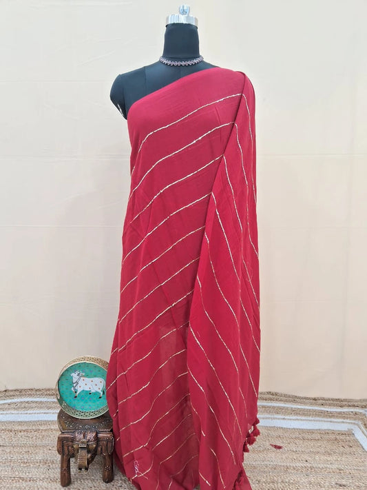 Red Saree with Golden Stripes Mulmul cotton saree