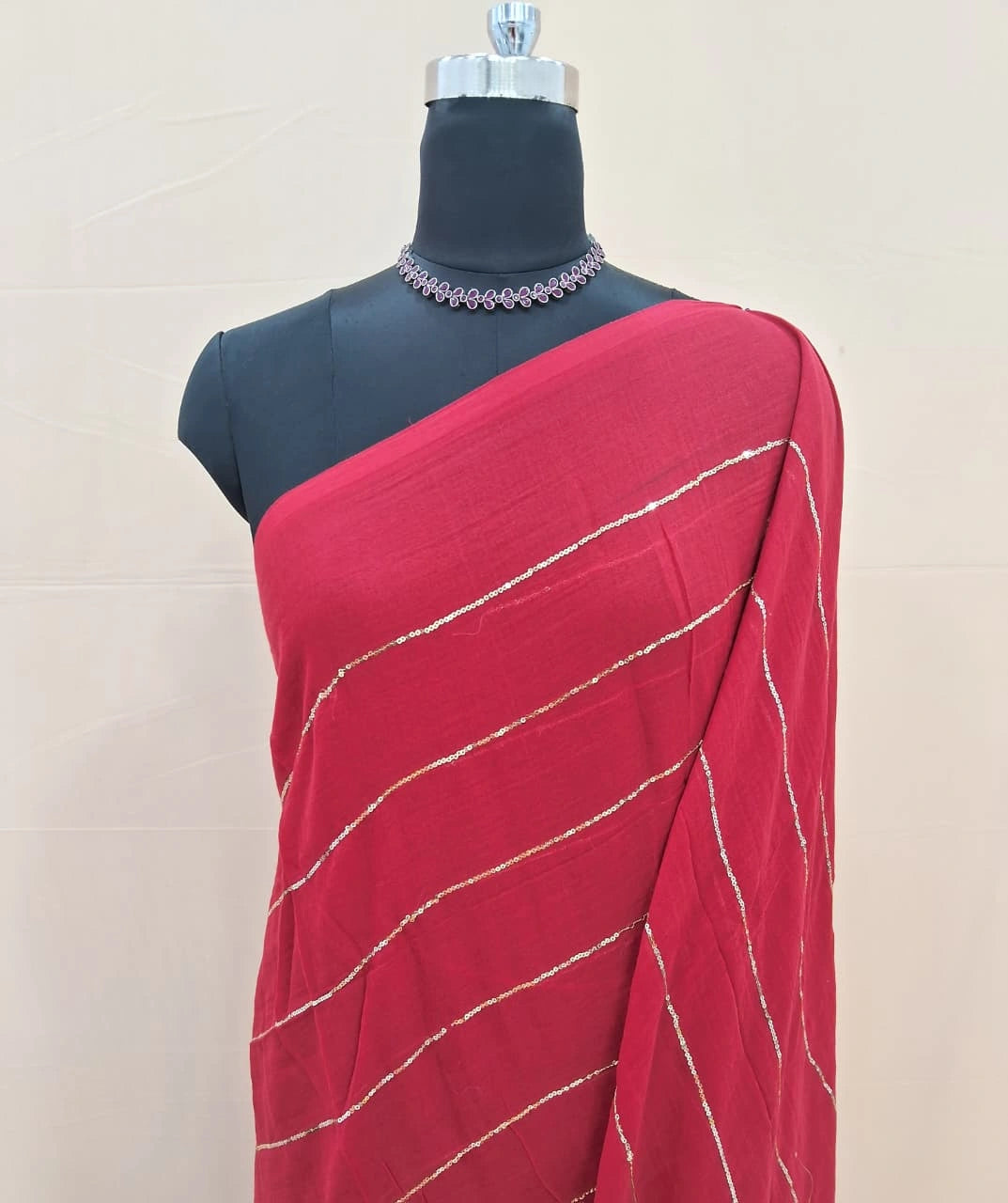 Red Saree with Golden Stripes Mulmul cotton saree 1