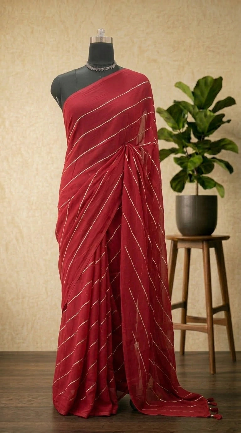 Red Saree with Golden Stripes Mulmul cotton saree
