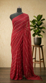 Red Saree with Golden Stripes Mulmul cotton saree