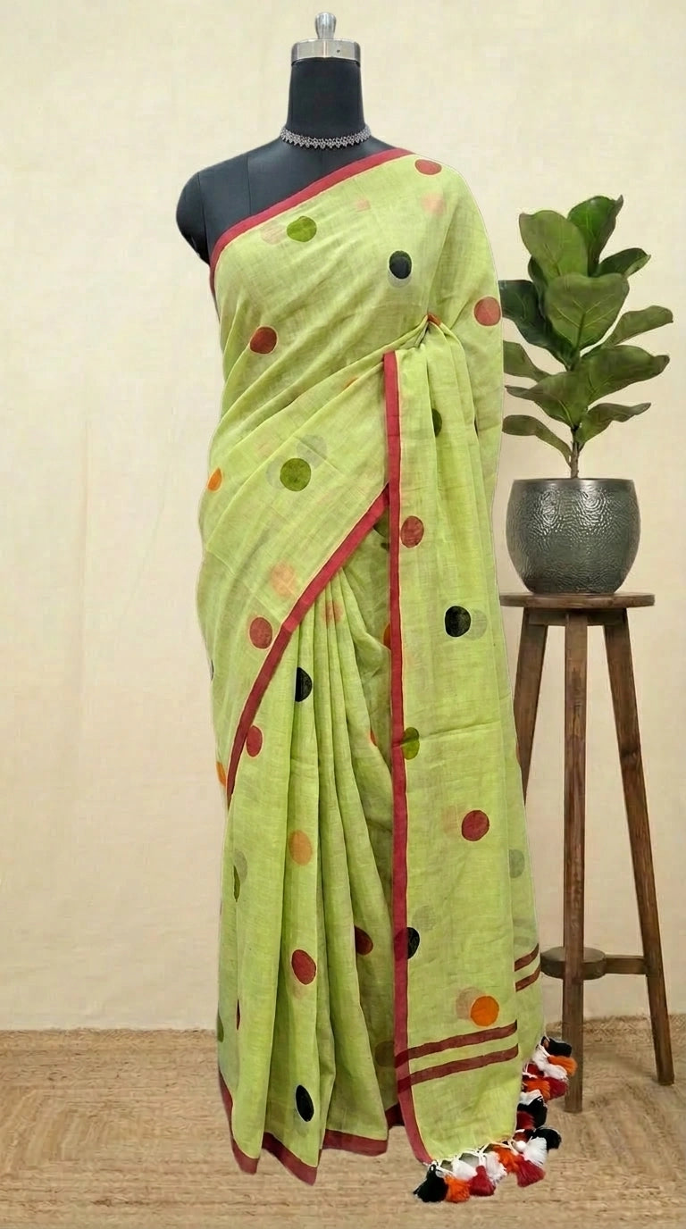 Leaf Green Mulmul Cotton Saree