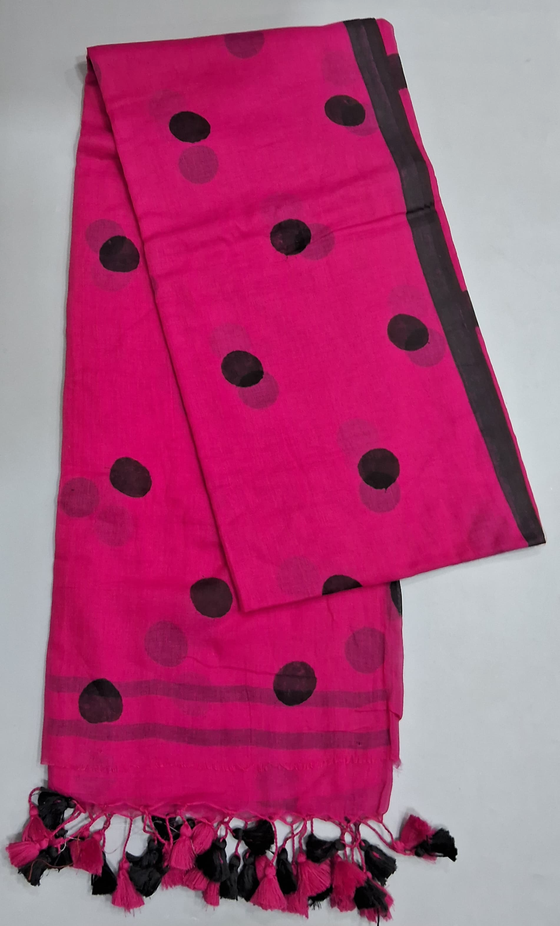 Pink Mulmul Cotton Saree with black polka dot