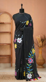 Elegant Black Floral Mulmul Cotton Saree 