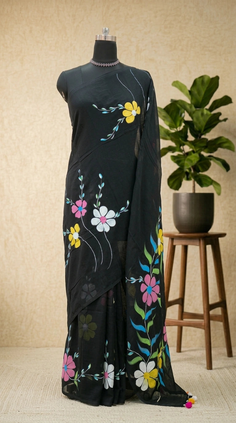 Elegant Black Floral Mulmul Cotton Saree 