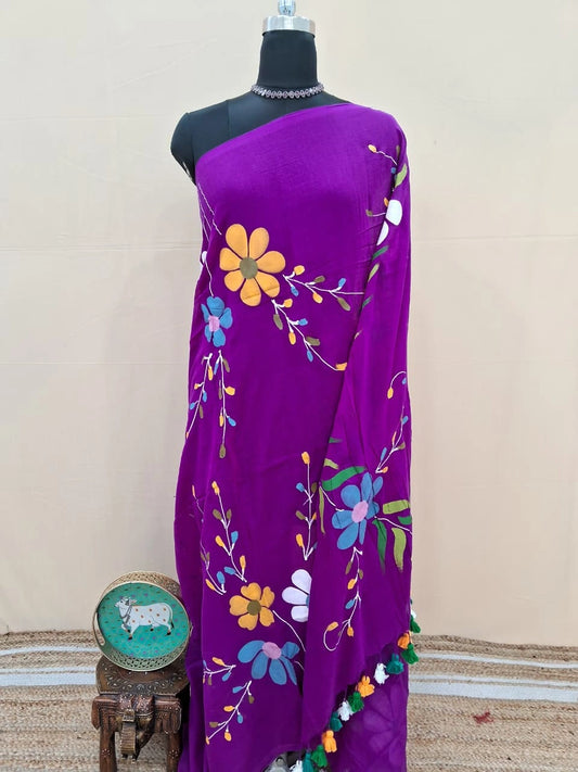 Raspberry Multicoloured Handpainted Mulmul Cotton Saree