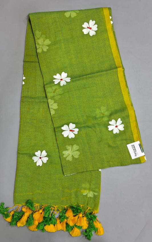 Parrot Green Mulmul Cotton Saree