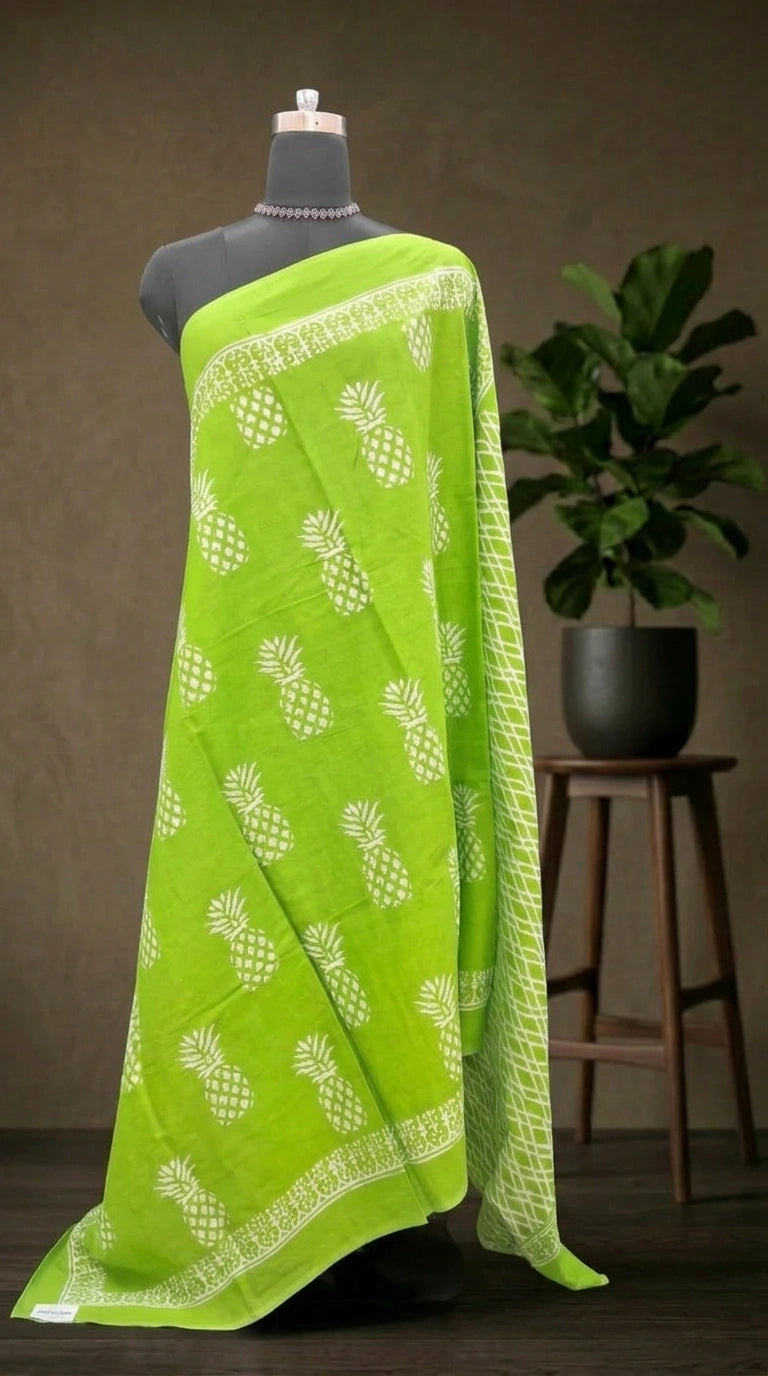 Fresh Lime Green Pineapple Print Mulmul Cotton Saree