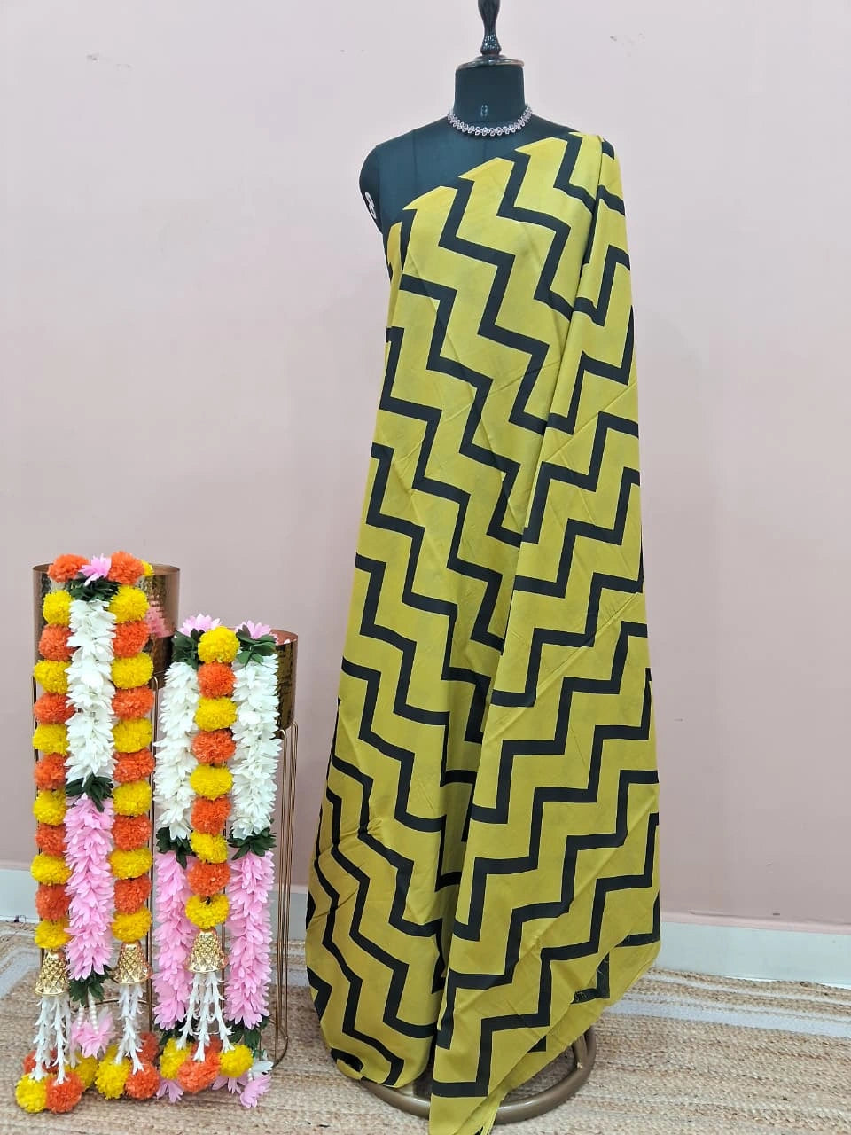 Mustard Black Zigzag Pattern Mulmul Cotton Saree