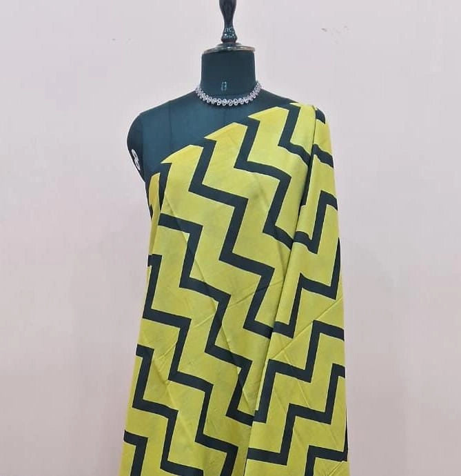 Mustard Black Zigzag Pattern Mulmul Cotton Saree 1