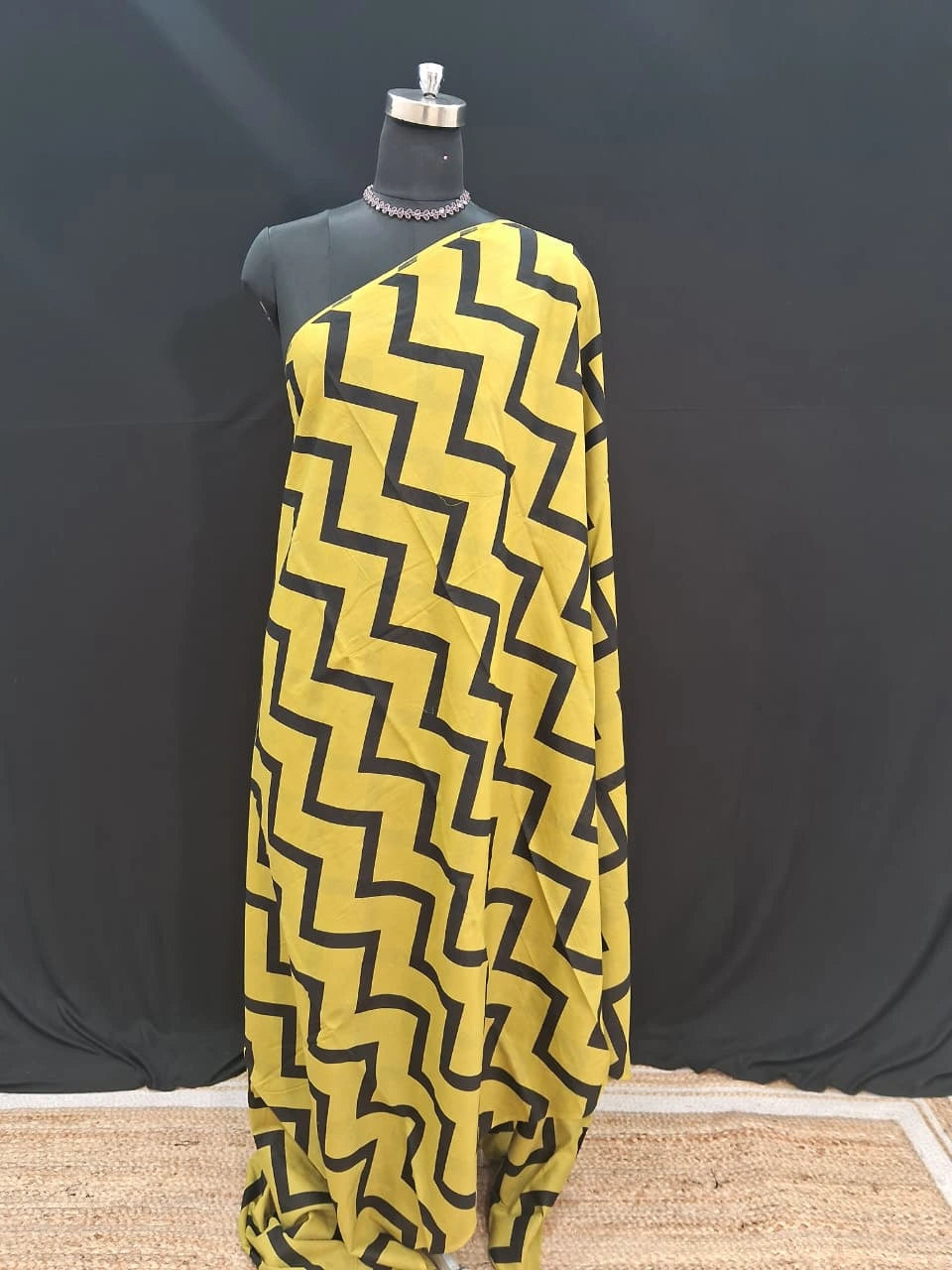 Mustard Black Zigzag Pattern Mulmul Cotton Saree