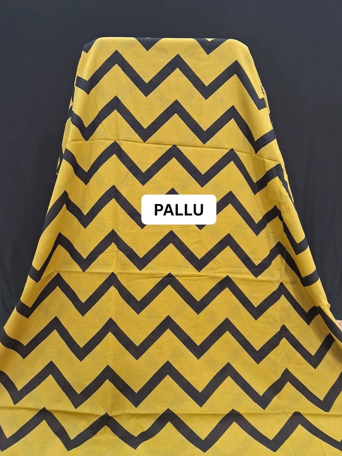 Mustard Black Zigzag Pattern Mulmul Cotton Saree pallu