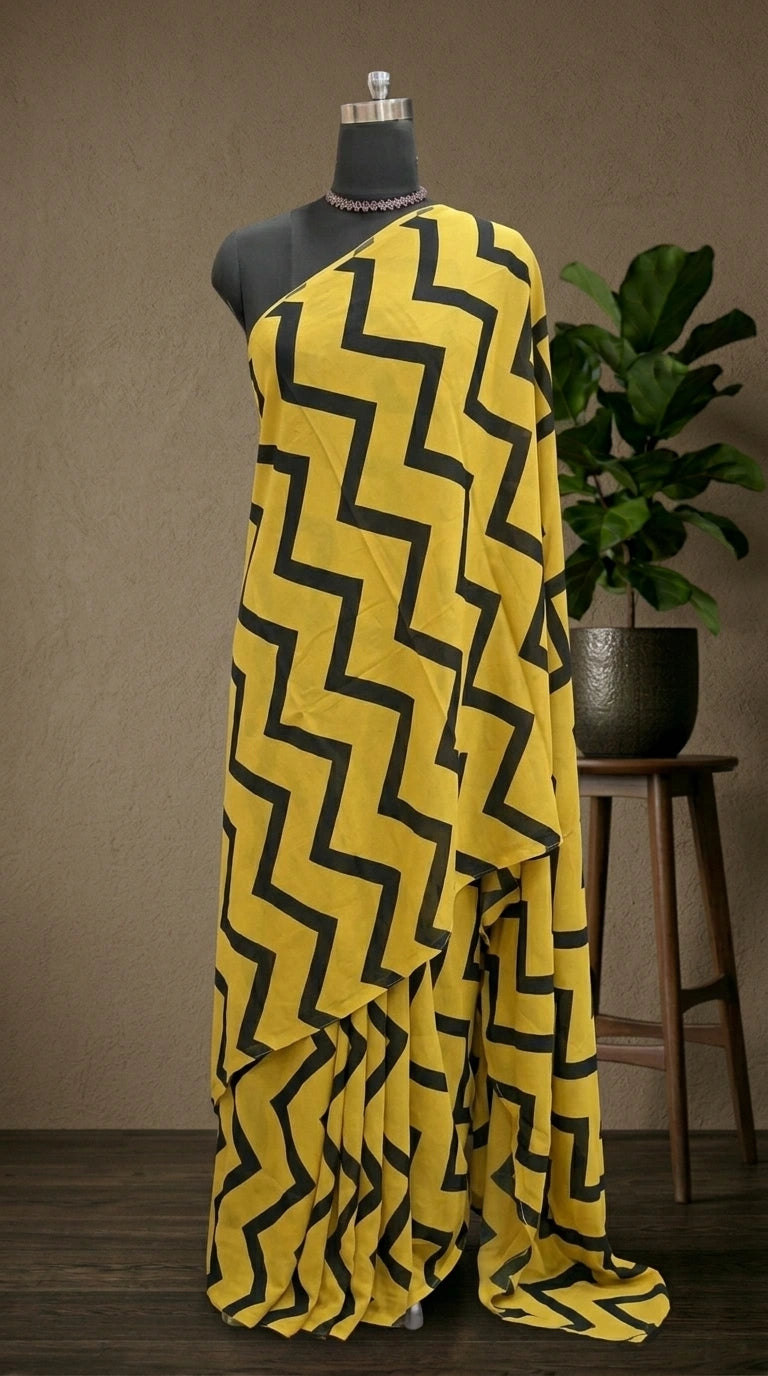 Mustard Black Zigzag Pattern Mulmul Cotton Saree