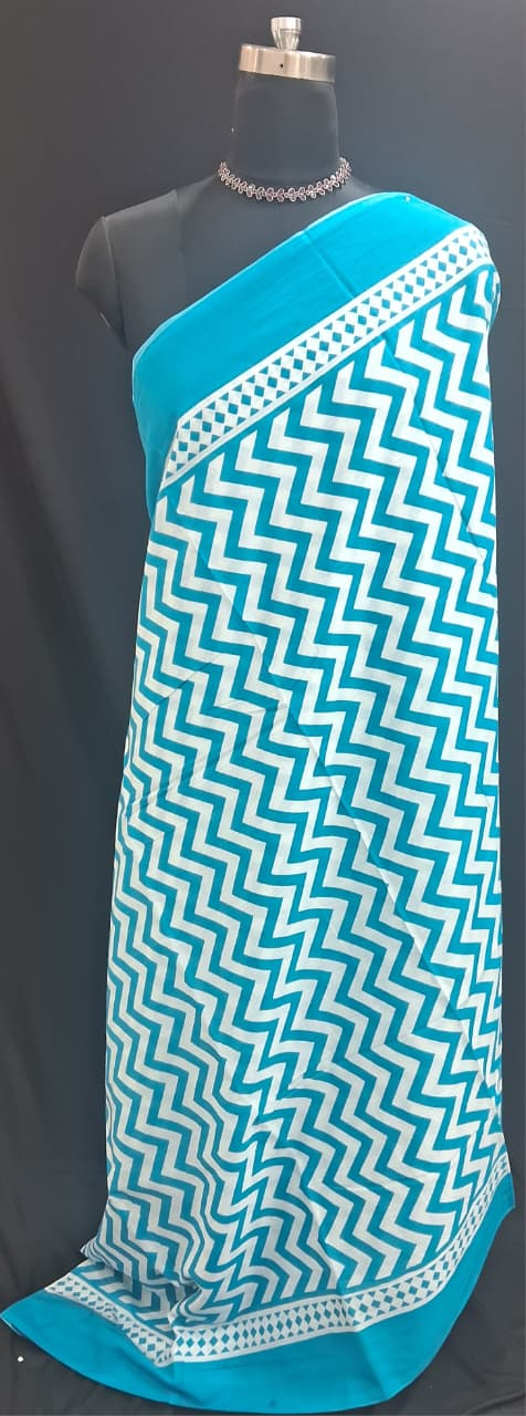 Turquoise & White Zigzag Pattern Mulmul Cotton Saree
