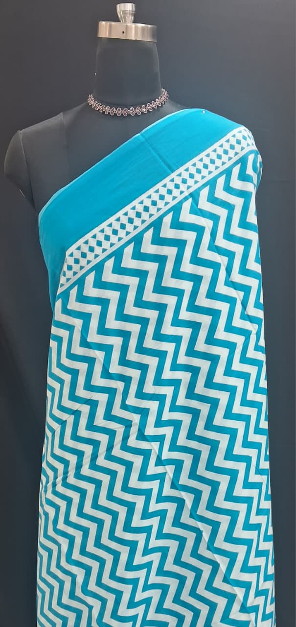 Turquoise & White Zigzag Pattern Mulmul Cotton Saree 1