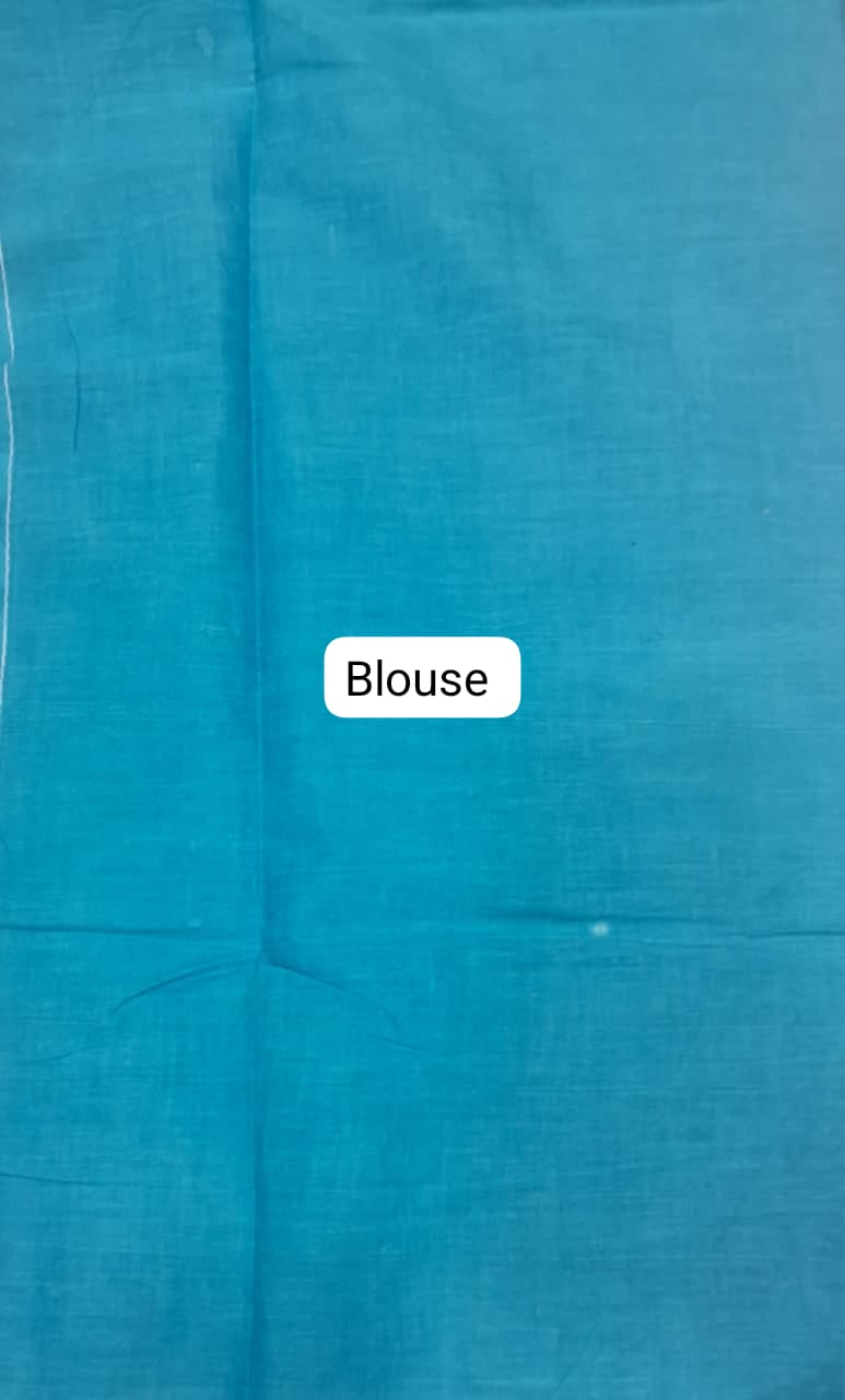 Turquoise & White Zigzag Pattern Mulmul Cotton Saree blouse