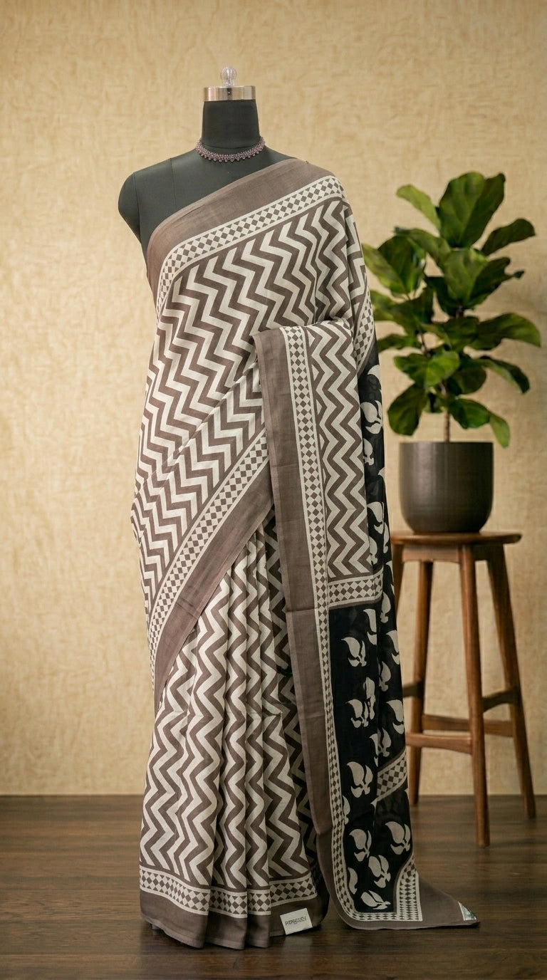 Brown and White Zigzag Mulmul Cotton saree