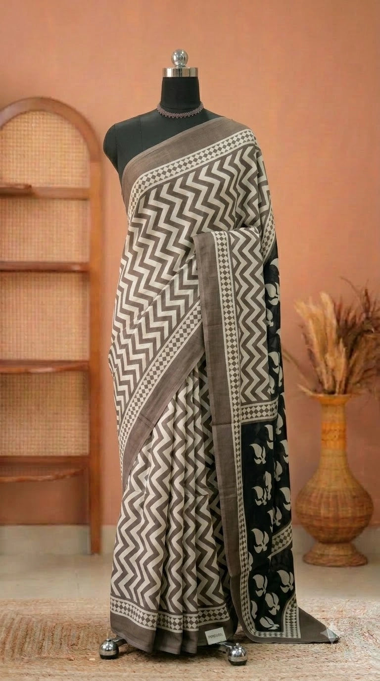 Brown and White Zigzag Mulmul Cotton saree