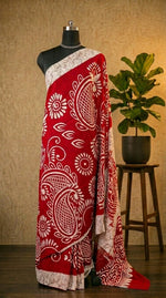 Crimson & Ivory Hand-Block Printed Mulmul Cotton Saree