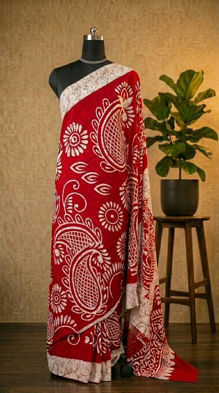 Crimson & Ivory Hand-Block Printed Mulmul Cotton Saree