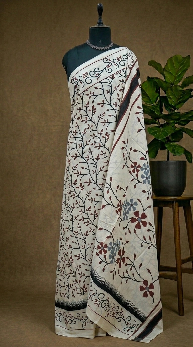 Beige Mulmul Cotton Saree with Black Vine and Rust Leaf Print