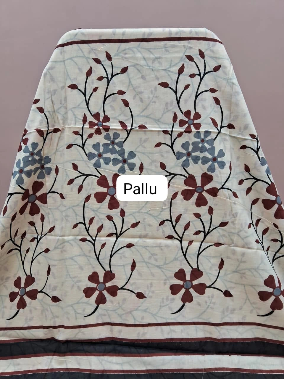 Beige Mulmul Cotton Saree with Black Vine and Rust Leaf Print pallu